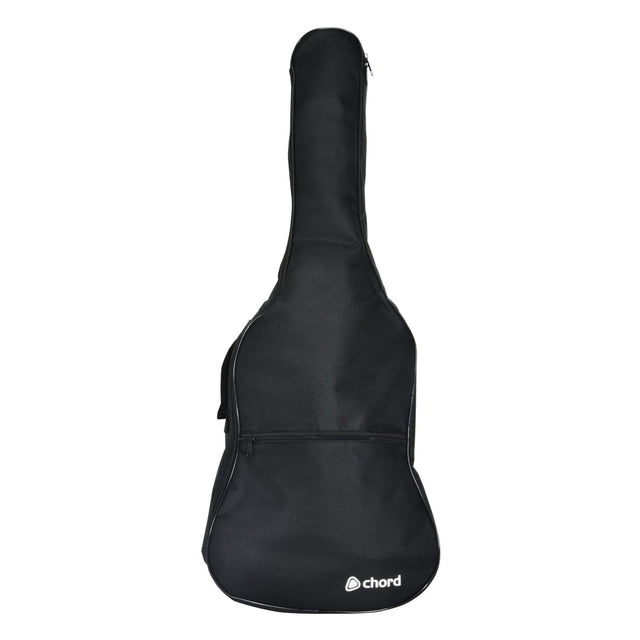 The Chord LGB-C12 Lightweight Gig Bag, designed for 1/2 size classical guitars, offers a black exterior with 5mm padding, a convenient zippered compartment, and features the distinctive Chord logo at the bottom for optimal protection.