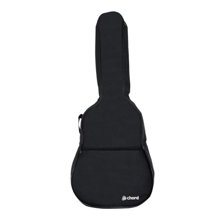 The Chord LGB-W3 Lightweight Gig Bag Western is a black soft case with 5mm padding, front zipper pocket, side handle, and chord printed in white near the bottom corner. Designed to fit CW26E western guitars.