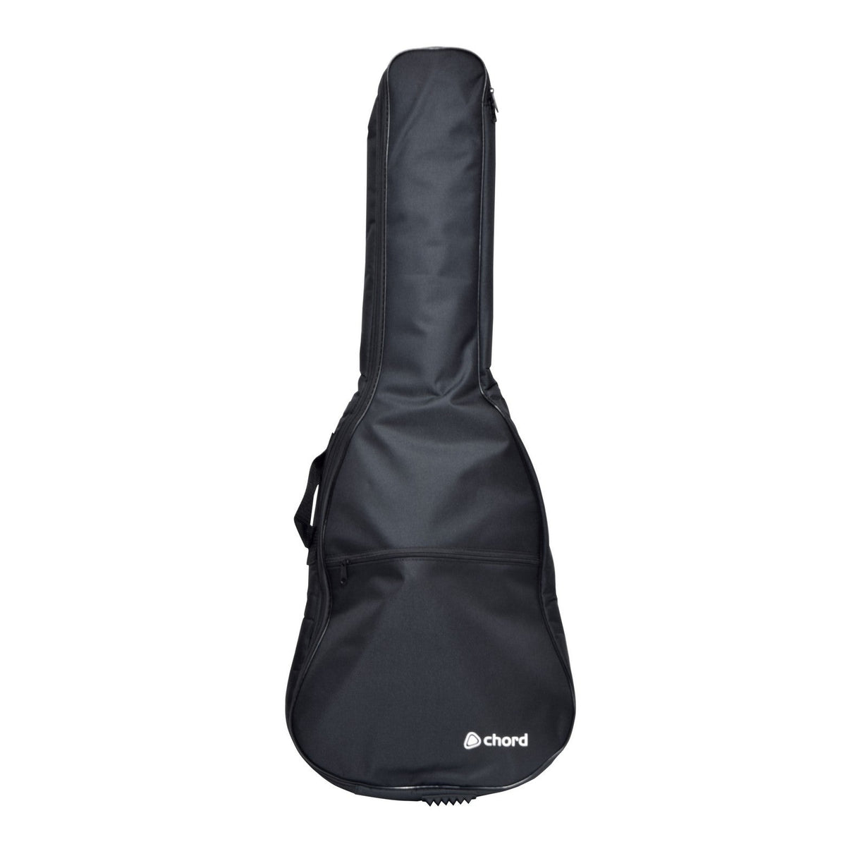 The Chord LGB-E3 Lightweight Gig Bag Electric is a black guitar case with 5mm padding, featuring a zippered pocket on the front and a side handle. It's ideal for an electric guitar and has the brand name "chord" printed in white near the bottom, making it a versatile choice among gig bags.
