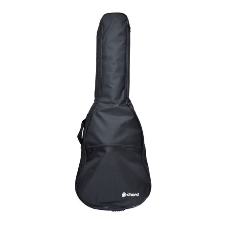 The Chord LGB-E3 Lightweight Gig Bag Electric is a black guitar case with 5mm padding, featuring a zippered pocket on the front and a side handle. It's ideal for an electric guitar and has the brand name "chord" printed in white near the bottom, making it a versatile choice among gig bags.