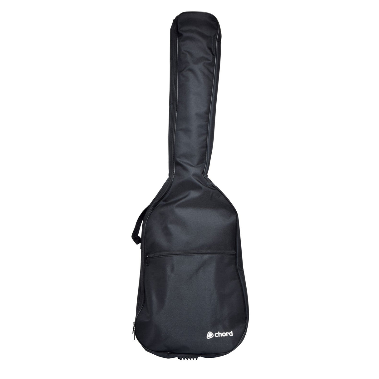 The Chord LGB-B3 Lightweight Gig Bag for bass guitars, made from durable material, showcases the Chord logo on the lower right corner. It's designed to stand upright and includes a sturdy handle along with a practical front pocket.