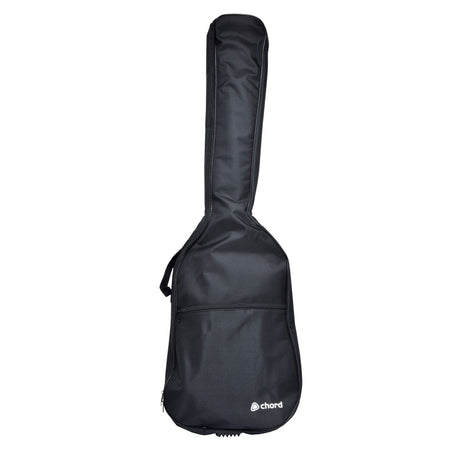 The Chord LGB-B3 Lightweight Gig Bag for bass guitars, made from durable material, showcases the Chord logo on the lower right corner. It's designed to stand upright and includes a sturdy handle along with a practical front pocket.