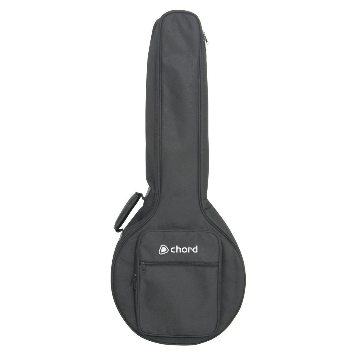 The Chord Padded Gig Bag for 4, 5, or 6 string banjos is equipped with a padded interior and features a convenient carry handle along with a zippered accessory pocket. The word "Chord" is elegantly printed on the front pocket.