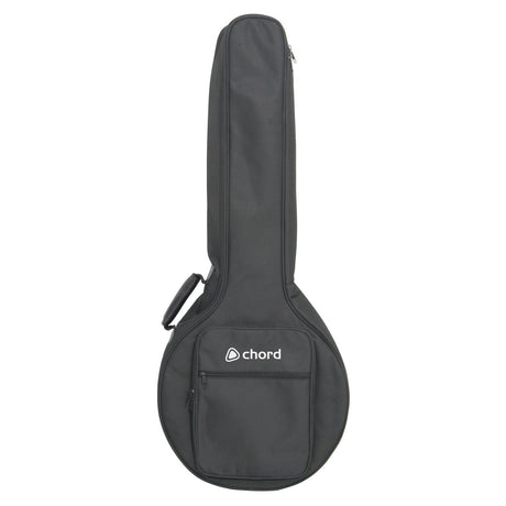 The Chord Padded Gig Bag for 4, 5, or 6 string banjos is equipped with a padded interior and features a convenient carry handle along with a zippered accessory pocket. The word "Chord" is elegantly printed on the front pocket.