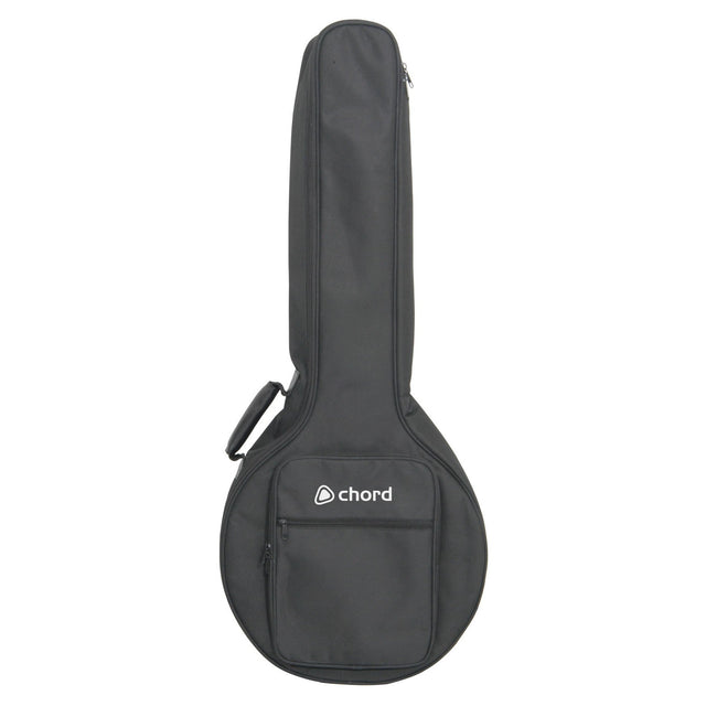 The Chord Padded Gig Bag for 4, 5, or 6 string banjos is equipped with a padded interior and features a convenient carry handle along with a zippered accessory pocket. The word "Chord" is elegantly printed on the front pocket.