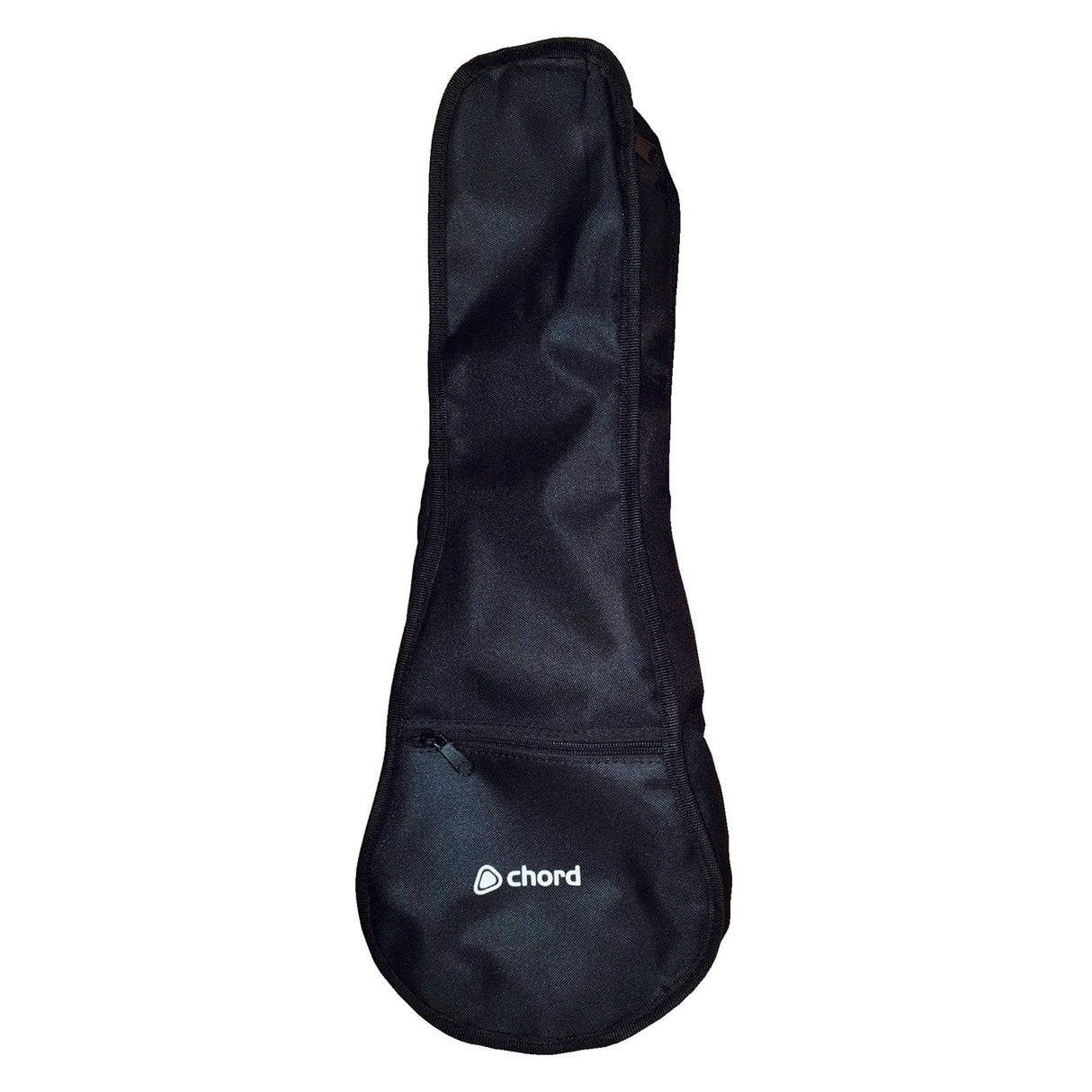 The Chord Padded Soprano Ukulele Gig Bag, available in black, showcases the word "chord" prominently in white on the front. It is designed with 5mm padding and a robust 600D Oxford exterior. The gig bag also includes a small zippered pocket and a reinforced handle for convenient transport.