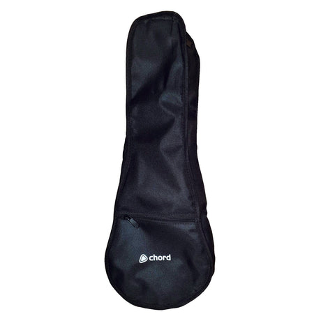 The Chord Padded Soprano Ukulele Gig Bag, available in black, showcases the word "chord" prominently in white on the front. It is designed with 5mm padding and a robust 600D Oxford exterior. The gig bag also includes a small zippered pocket and a reinforced handle for convenient transport.