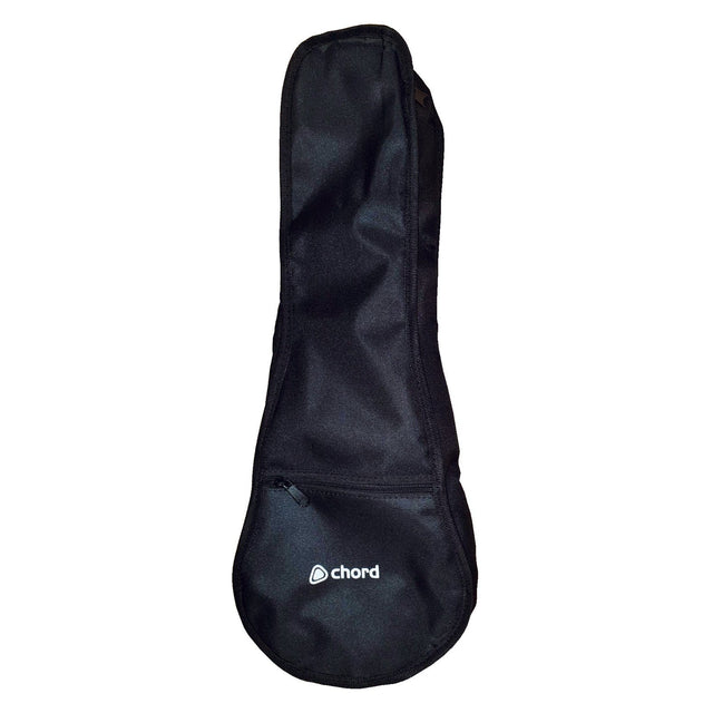 The Chord Padded Soprano Ukulele Gig Bag, available in black, showcases the word "chord" prominently in white on the front. It is designed with 5mm padding and a robust 600D Oxford exterior. The gig bag also includes a small zippered pocket and a reinforced handle for convenient transport.