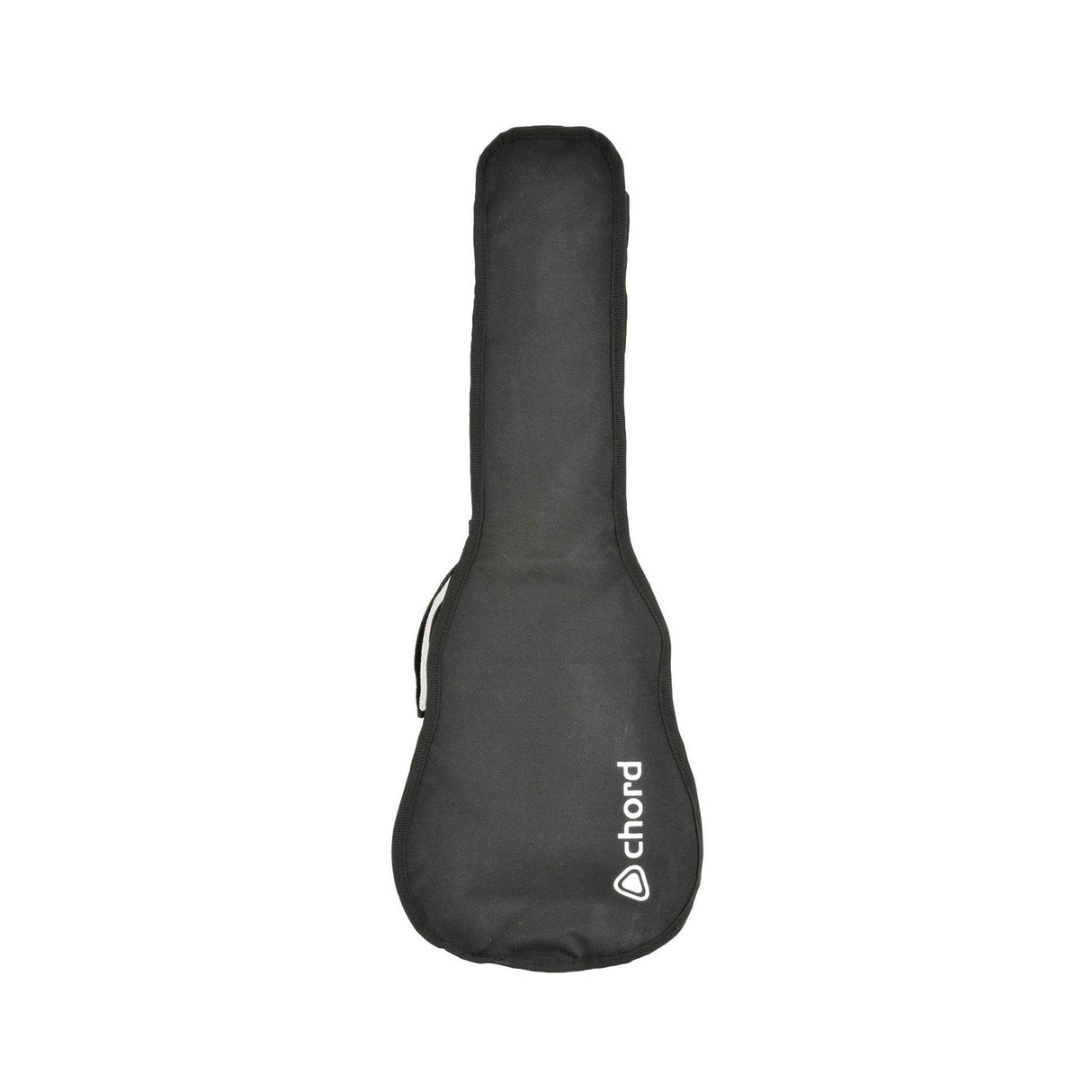 A black gig bag, lightweight and easy to carry with its sturdy handle, features the word Chord in white lettering near the bottom right corner. The bag is shaped like a ukulele.
