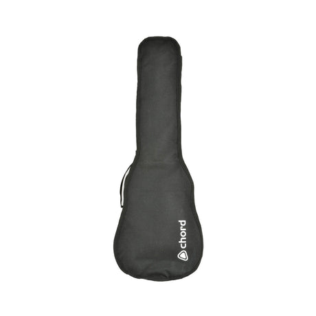 A black gig bag, lightweight and easy to carry with its sturdy handle, features the word Chord in white lettering near the bottom right corner. The bag is shaped like a ukulele.