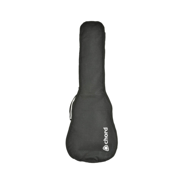 A black gig bag, lightweight and easy to carry with its sturdy handle, features the word Chord in white lettering near the bottom right corner. The bag is shaped like a ukulele.