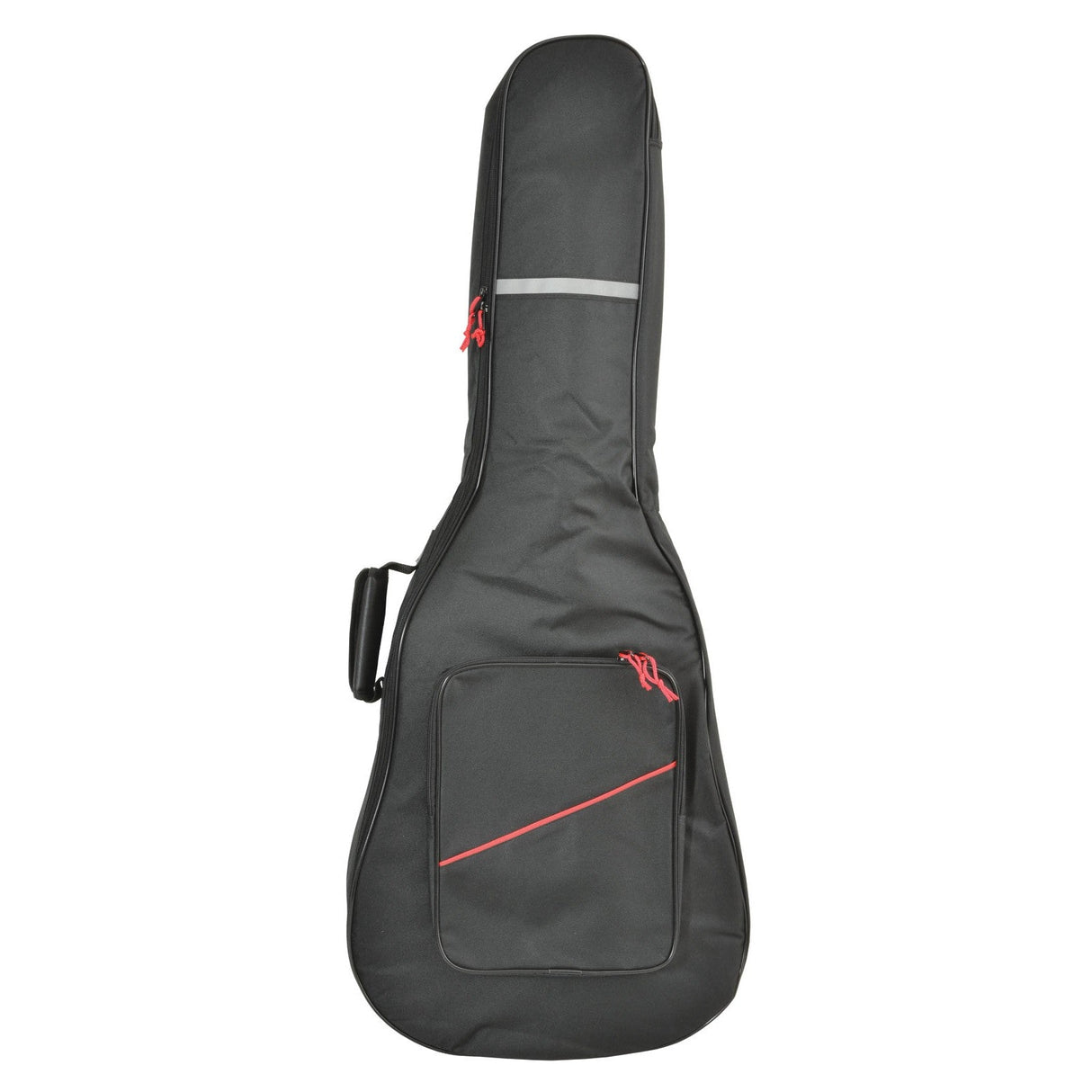 The Chord Soft Padded Guitar Gig Bag Western features internal foam padding and a front pocket with striking red zippers and accents. It also comes with a side handle for convenient carrying, ensuring your guitar is well-protected during transport, making it an essential addition to your collection of guitar accessories storage solutions.
