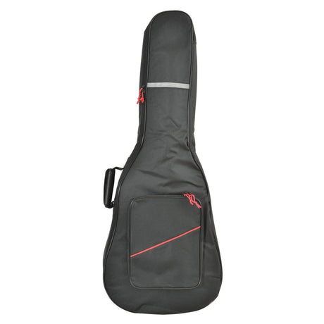 The Chord Soft Padded Guitar Gig Bag Western features internal foam padding and a front pocket with striking red zippers and accents. It also comes with a side handle for convenient carrying, ensuring your guitar is well-protected during transport, making it an essential addition to your collection of guitar accessories storage solutions.