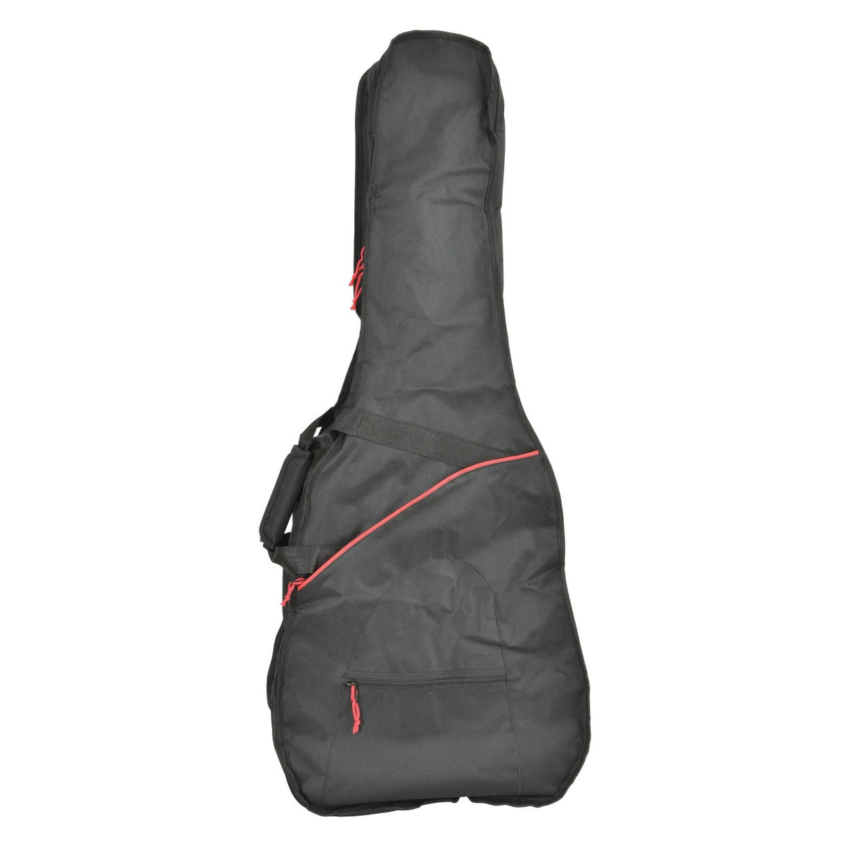 Introducing the Chord Soft Lightweight Guitar Gig Bag Western, featuring a sleek black design with striking red zippers and a convenient side handle. Crafted from water-resistant nylon, this gig bag provides optimal protection for your instrument. The padded design ensures enhanced safety for your guitar, making it an exceptional choice among guitar gig bags.