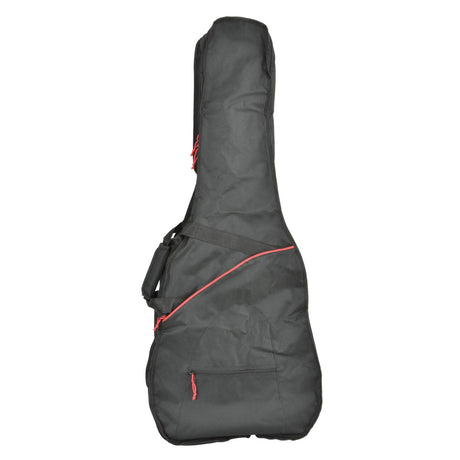 Introducing the Chord Soft Lightweight Guitar Gig Bag Western, featuring a sleek black design with striking red zippers and a convenient side handle. Crafted from water-resistant nylon, this gig bag provides optimal protection for your instrument. The padded design ensures enhanced safety for your guitar, making it an exceptional choice among guitar gig bags.