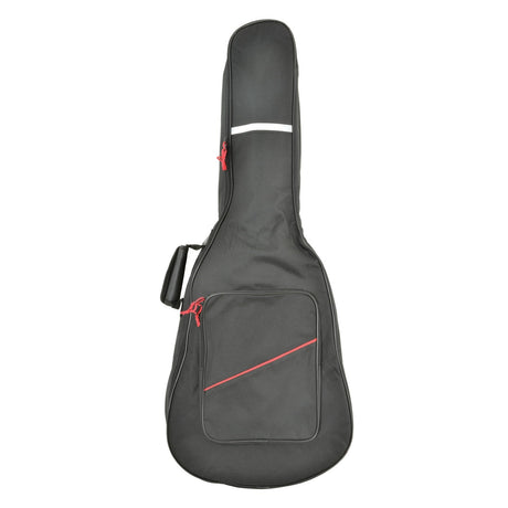 The Chord Soft Padded Guitar Gig Bag Classic is a black bag with stylish red zipper accents, internal foam padding, and a front pocket. It includes a convenient handle for easy carrying.