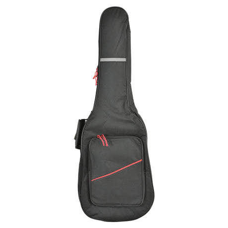 The Chord Soft Padded Guitar Gig Bag Electric is a black gig bag with red zippers and a small reflective strip near the top, offering internal foam padding. It also includes a front pocket with a slanted red stripe design, ideal for storing your essential guitar accessories.