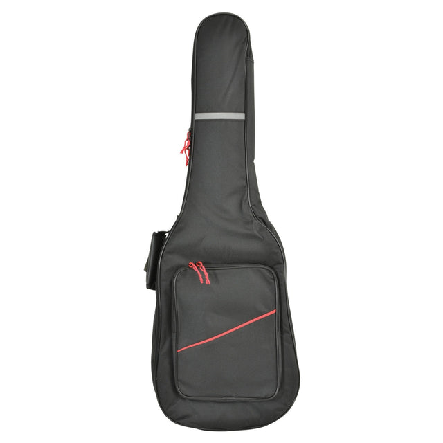 The Chord Soft Padded Guitar Gig Bag Electric is a black gig bag with red zippers and a small reflective strip near the top, offering internal foam padding. It also includes a front pocket with a slanted red stripe design, ideal for storing your essential guitar accessories.