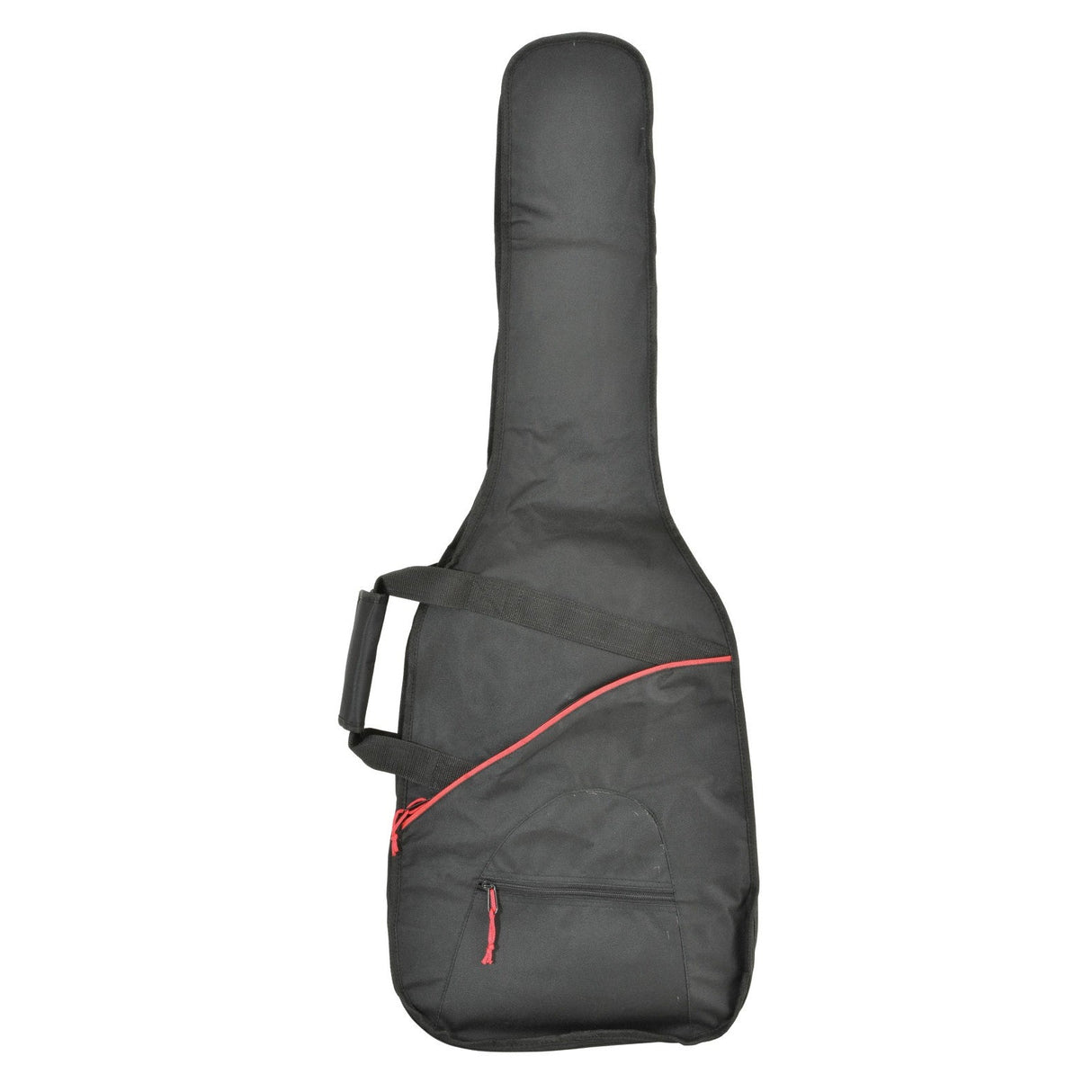 The Chord Soft Lightweight Guitar Gig Bag Electric is a black, water-resistant nylon bag with a red zipper, carrying handle, and exterior pocket, shown against a white background.