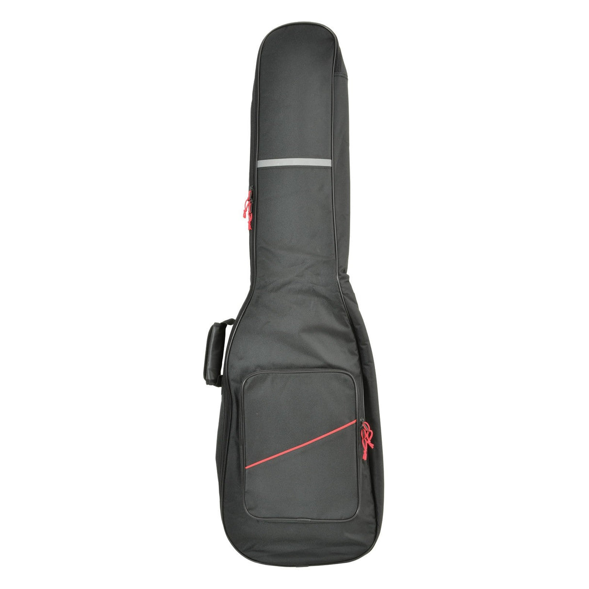 The Chord Soft Padded Guitar Gig Bag Bass is a stylish guitar accessory featuring a modern and padded design. It comes in sleek black, adorned with striking red zipper accents, and includes internal foam padding for enhanced protection. This gig bag also features a large front pocket and a convenient shoulder strap.