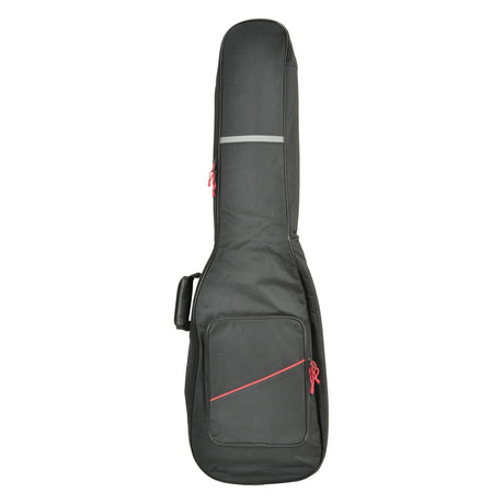 The Chord Soft Padded Guitar Gig Bag Bass is a stylish guitar accessory featuring a modern and padded design. It comes in sleek black, adorned with striking red zipper accents, and includes internal foam padding for enhanced protection. This gig bag also features a large front pocket and a convenient shoulder strap.