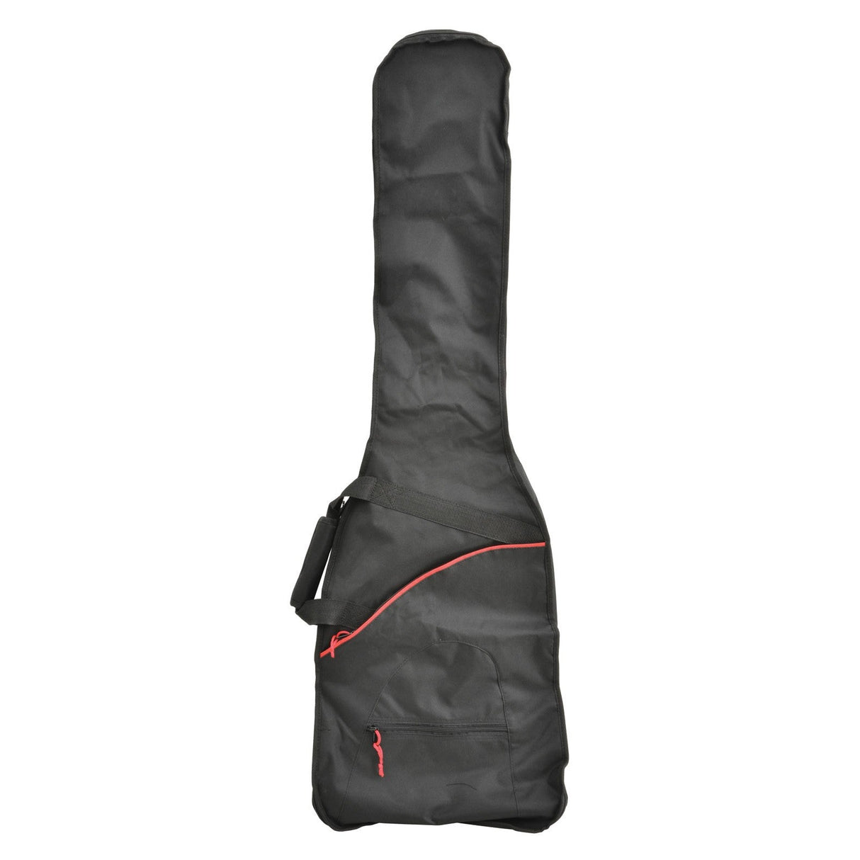 The Chord Soft Lightweight Guitar Gig Bag Bass is a black guitar gig bag made from water-resistant nylon and features a distinctive red zipper. This essential accessory includes both a carrying handle and an adjustable shoulder strap for easy transport.