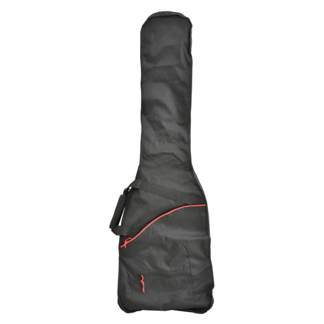 The Chord Soft Lightweight Guitar Gig Bag Bass is a black guitar gig bag made from water-resistant nylon and features a distinctive red zipper. This essential accessory includes both a carrying handle and an adjustable shoulder strap for easy transport.