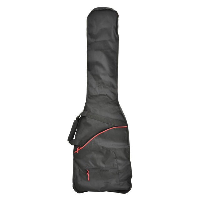 The Chord Soft Lightweight Guitar Gig Bag Bass is a black guitar gig bag made from water-resistant nylon and features a distinctive red zipper. This essential accessory includes both a carrying handle and an adjustable shoulder strap for easy transport.