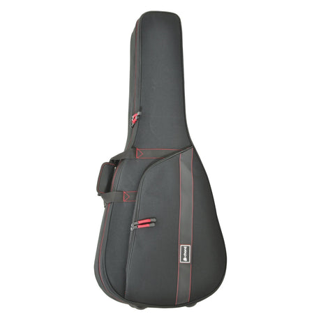 The Chord Solid Foam Guitar Case Western is a black padded guitar case with striking red stitching and zippers. It includes a carrying handle and an adjustable shoulder strap for easy transport. Enhanced with expanded foam, this case provides superior protection for your guitar, offering peace of mind while on the move.