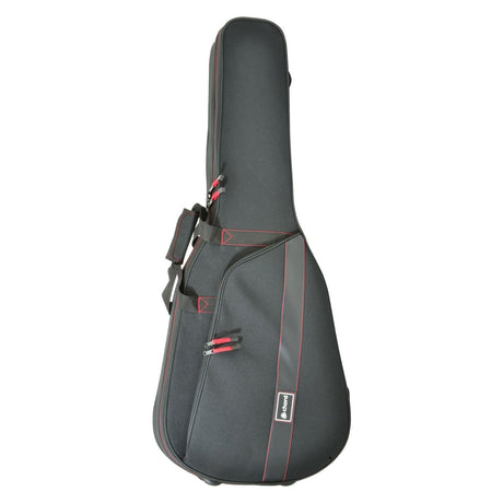 Introducing the "Chord Solid Foam Guitar Case Classical," a lightweight black case with striking red piping and stitching. It features zippered compartments for your convenience and includes a sturdy carrying handle, making it perfect for transit.