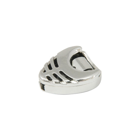 Introducing the Chord Pick Holder in Silver: This sleek, metallic keychain is crafted with a futuristic abstract design featuring cutout grooves on its surface. Its reflective finish and compact, lightweight form make it perfect for attaching to plastic holders or storing small plectrums.