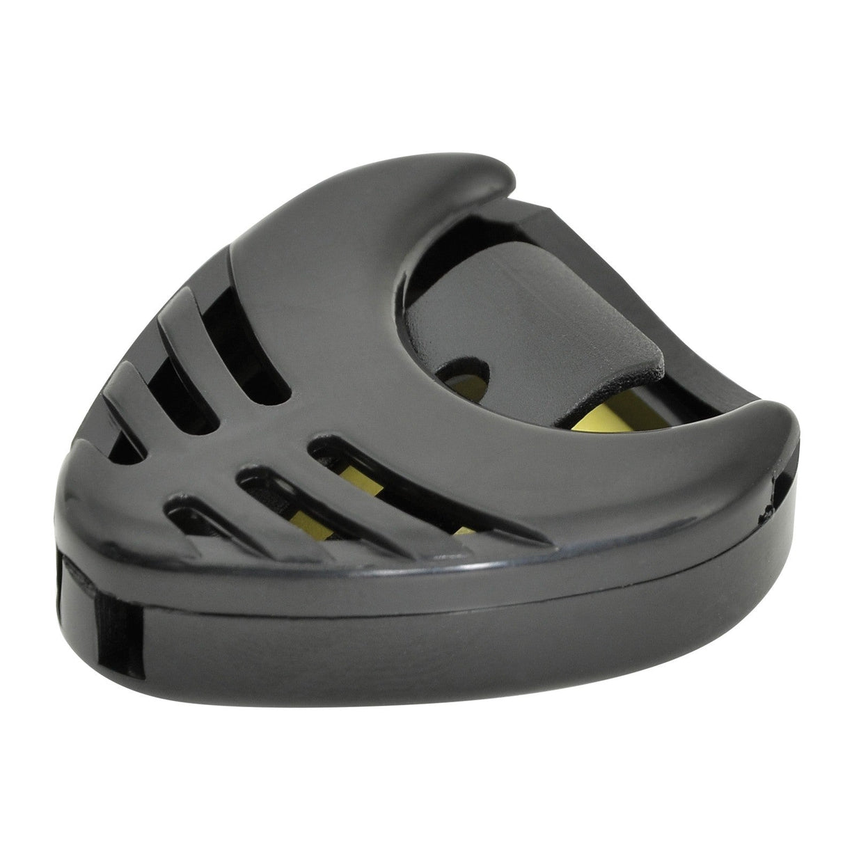 A close-up of a black Chord Pick Holder, a guitar accessory with a triangular design and curved edges. The pick holder features slotted openings, revealing a cushioned inner section intended to press against guitar strings, much like plectrums nestled in their plastic holder.