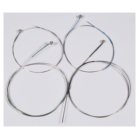 Four Chord Violin Strings from the 10-30 set are laid out on a flat surface, featuring Nickel-Chromium windings. Each string ends with a colored ball, showcasing vibrant hues such as blue and green. The strings differ in thickness and create a loose, overlapping pattern reminiscent of guitar string arrangements.