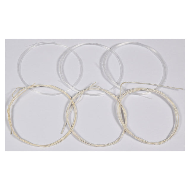 Six coiled sets of Chord Classic Guitar String Set NT are arranged in two rows on a plain background. The sets vary slightly in color, with some featuring silver-plated copper windings while others have a more golden hue.