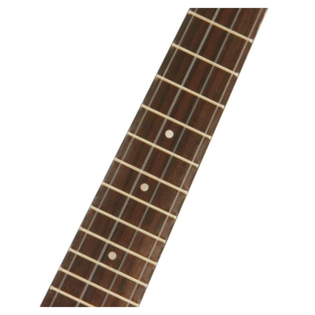 Close-up of a ukulele neck with a dark wood finish, showcasing six metal frets and two white dot position markers. The wood grain details are visible, and the neck is angled diagonally across a white background, reminiscent of the craftsmanship seen in premium instruments like those featuring the Chord Ukulele String Set - White.
