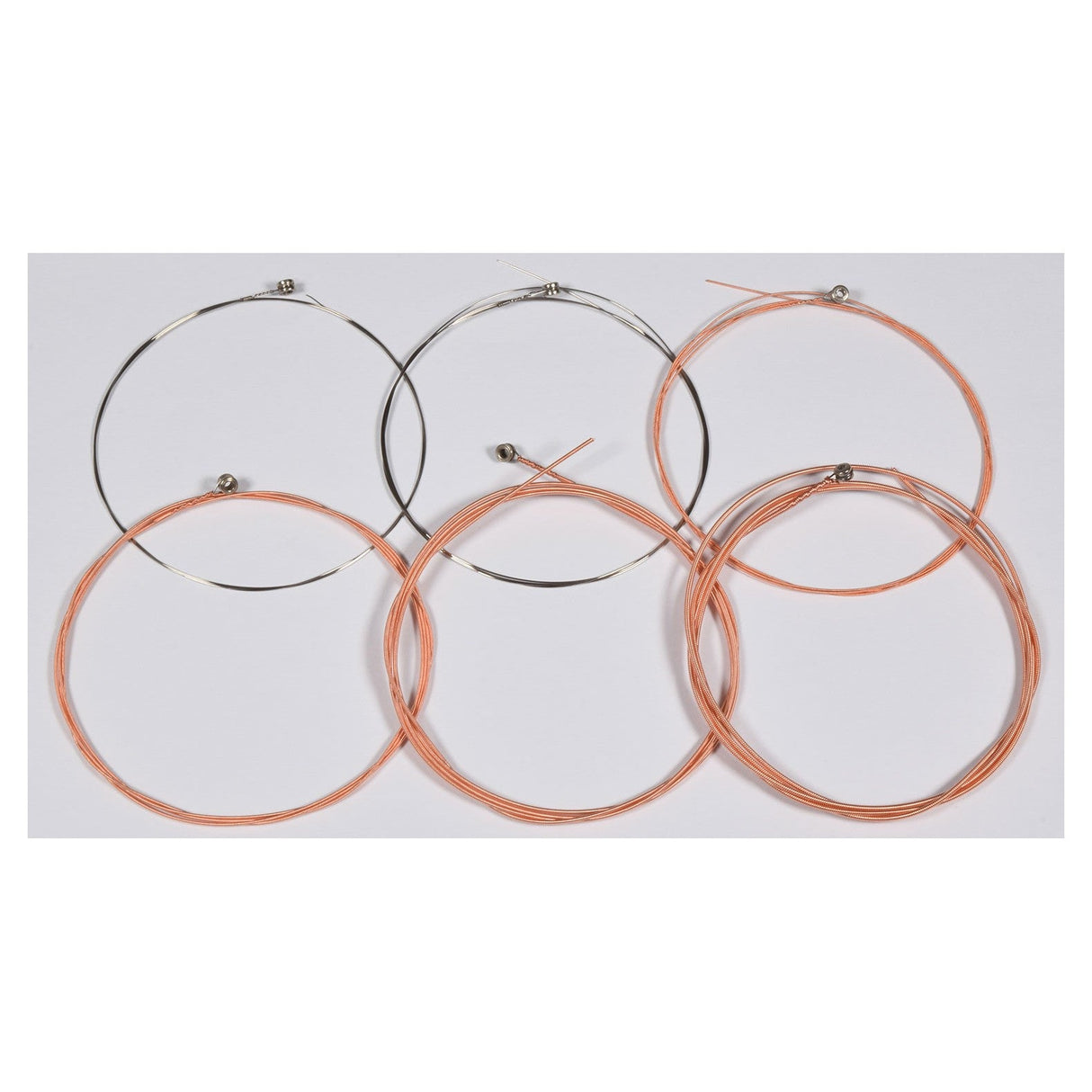 Six Chord Acoustic Guitar Strings 11-52 intricately arranged on a white background, showcasing a mix of coiled textures with three strings featuring shiny stainless steel and the other three in a warm bronze tone.