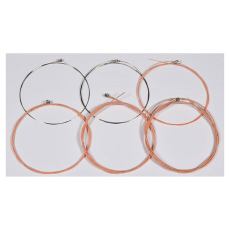 Six Chord Acoustic Guitar Strings 11-52 intricately arranged on a white background, showcasing a mix of coiled textures with three strings featuring shiny stainless steel and the other three in a warm bronze tone.