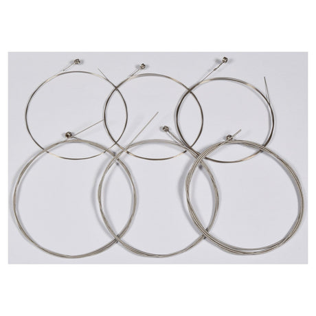 The Chord Electric Guitar Strings 10-46 set is displayed on a plain background in two rows. Each of the six nickel wound strings includes a small ball end and subtly differs in size, signifying the various pitches for a guitar.