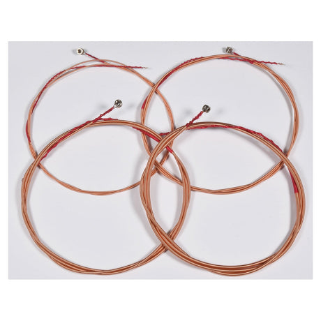 Four overlapping coils of bronze wound strings from the Chord Acoustic Bass String Set 40-95 create a symmetrical circle pattern with red accents against a white background, each string featuring a metal connector at one end.