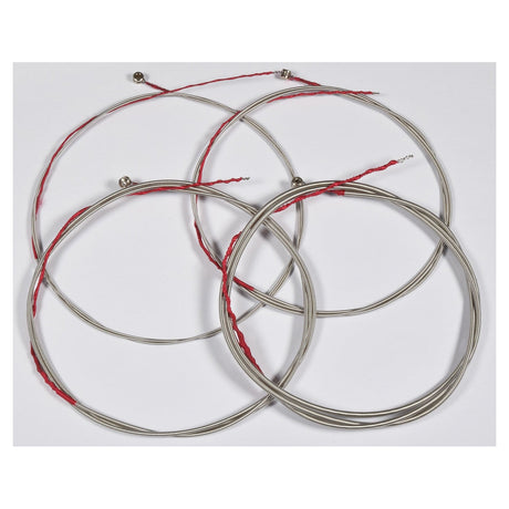 The Chord Bass Guitar String 4set 45-105 features four coiled nickel alloy strings with red ends, artfully arranged in overlapping circles on a plain white background to highlight their round wound design—ideal for an electric bass guitar.