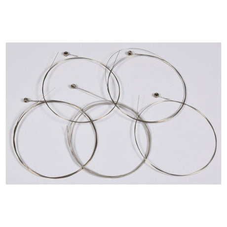 The Chord G-Banjo 5-String Set features five expertly coiled steel strings with ball ends, elegantly layered on a plain white background. These strings exude quality and precision, making them perfect for enhancing the sound of your G-banjo or acoustic guitar.