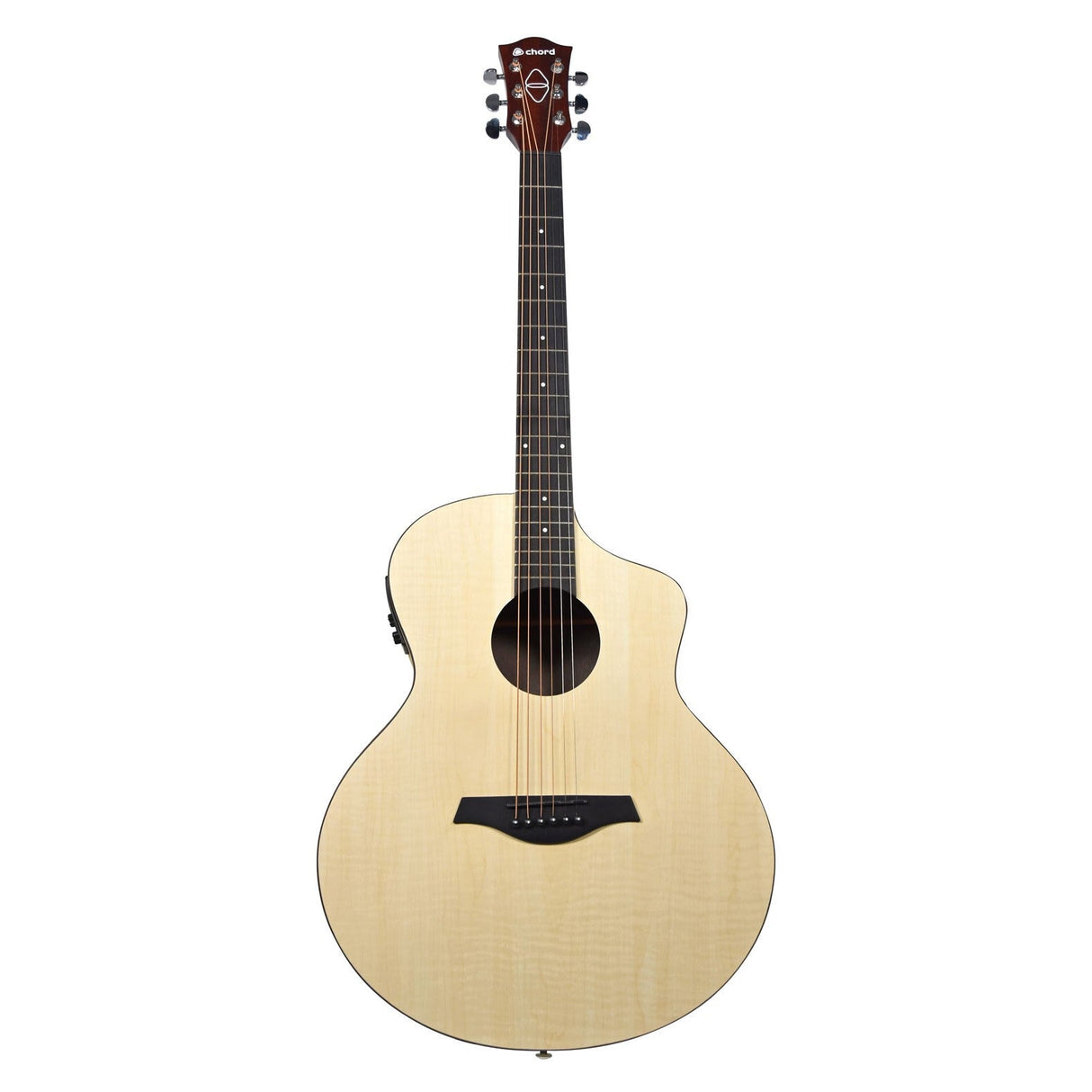 The Chord Nomad Electro-Acoustic Guitar - Quilted Maple White features a light wood body and dark fretboard with a cutaway design. It stands upright against a white background, displaying its exquisite woodgrain finishes that emphasize the use of sustainable materials.