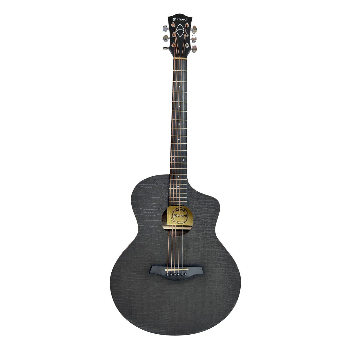 The Chord Nomad Electro-Acoustic Guitar in Black Quilted Maple is a Grand Auditorium acoustic guitar with a cutaway design. It features a smooth, glossy finish, six strings, dot inlays on the fretboard, and silver tuning pegs on the headstock.