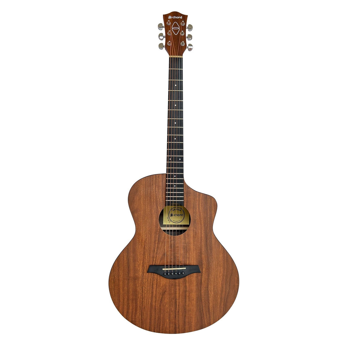 The Chord Nomad Electro-Acoustic Guitar - Koa boasts a rich brown wood finish and a cutaway design. Crafted from sustainable materials, it includes a circular sound hole, tuning pegs on the headstock, and six strings. Its body features a smooth, polished surface.