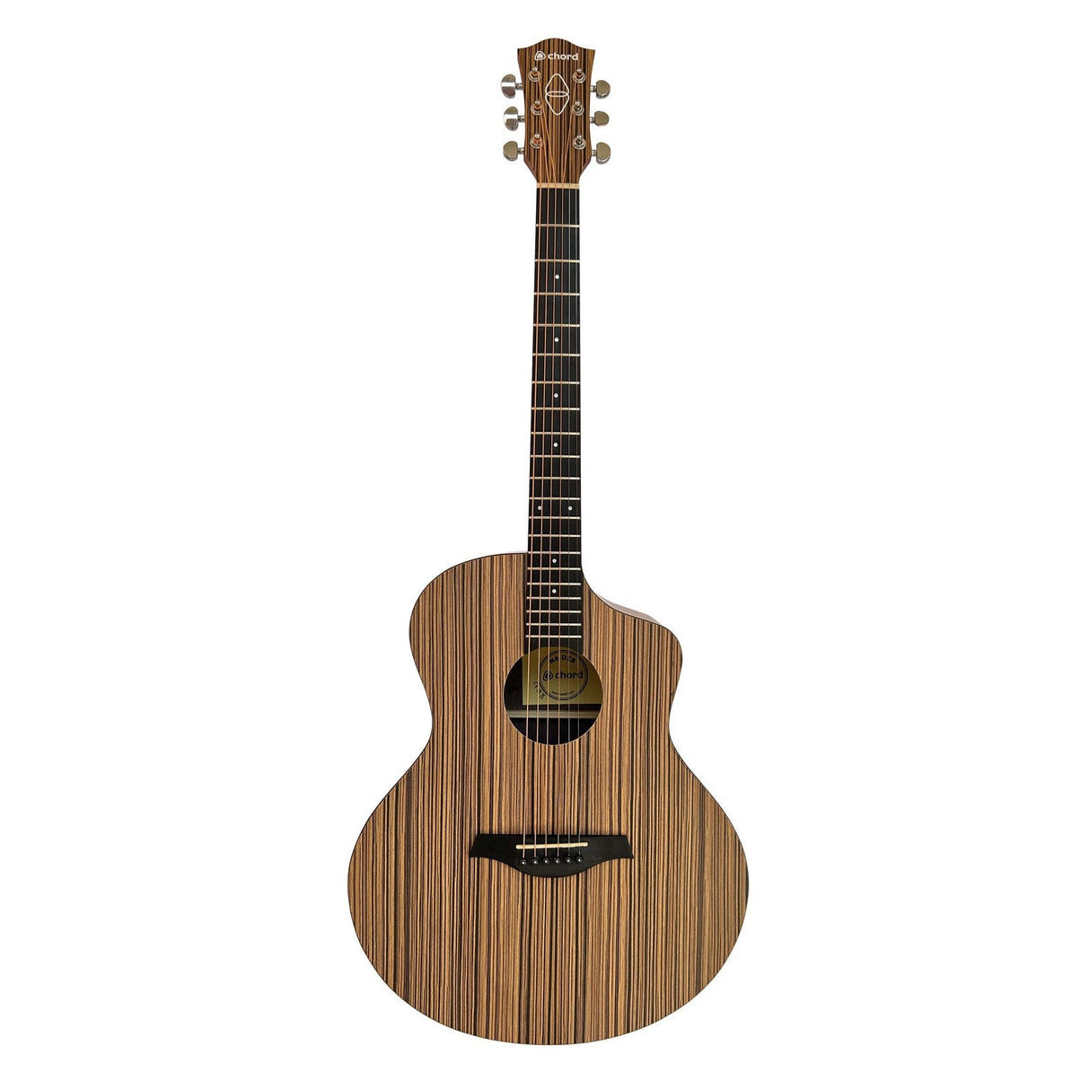 The Chord Nomad Electro-Acoustic Guitar - Deep Zebrano features a striking striped pattern on its wooden body and comes with a cutaway design. It is equipped with six strings, a round sound hole, and tuning pegs on the headstock. Crafted from sustainable materials, this guitar stands upright against a white background.