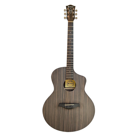 The Chord Nomad Electro-Acoustic Guitar - Ebony is a Grand Auditorium guitar with a striped wood finish and six strings, featuring a cutaway design. Its headstock has tuning pegs and a logo, while the glossy body features a round sound hole with a decorative rosette, crafted from sustainable wood composite.