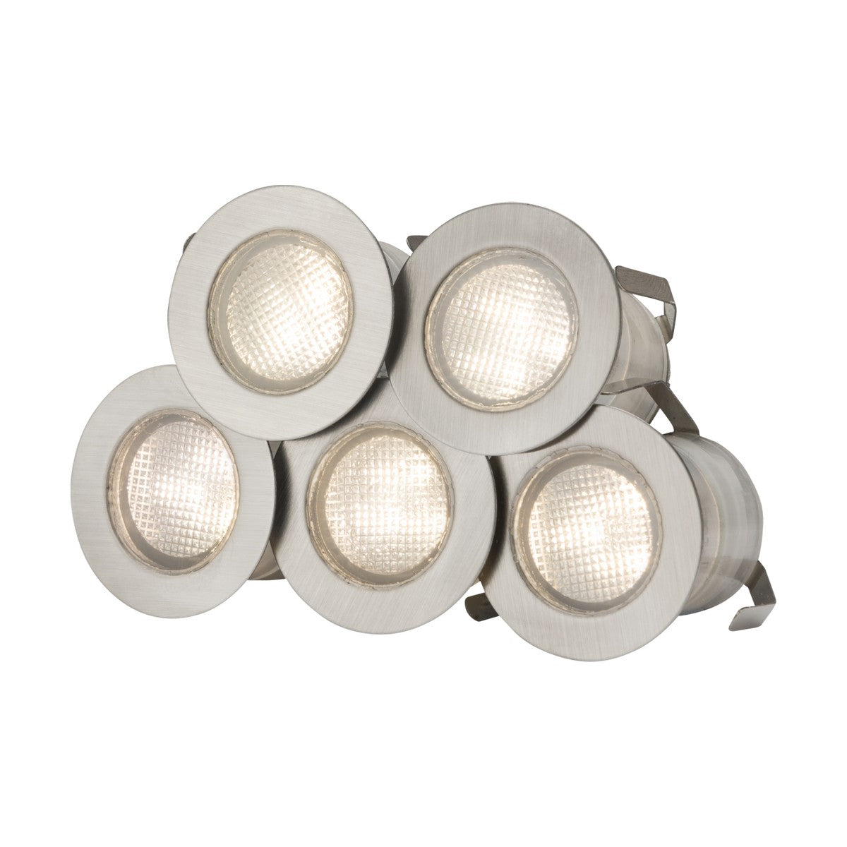 The Outdoor 0.2W LED Deck Light Kit, featuring ten modern recessed lights with a brushed metal finish and energy-efficient LED bulbs, is displayed in a triangular arrangement. Viewed from the front, each light boasts a sleek stainless steel bezel for an elegant outdoor finish and emits a warm 3000K glow.