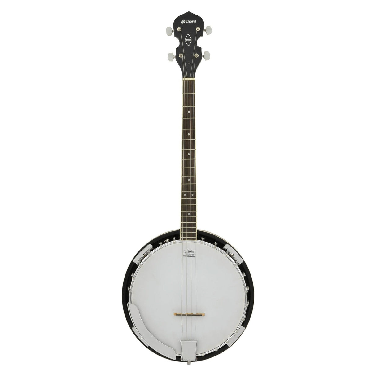 A four-string tenor banjo called the Chord stands out against a plain white background. It features a white drumhead and a mahogany neck, complemented by tuning pegs at the headstock and metal brackets around its dark-colored body. This banjo is perfect for bluegrass rhythms.