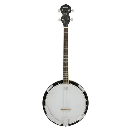 A four-string tenor banjo called the Chord stands out against a plain white background. It features a white drumhead and a mahogany neck, complemented by tuning pegs at the headstock and metal brackets around its dark-colored body. This banjo is perfect for bluegrass rhythms.