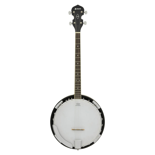 A four-string tenor banjo called the Chord stands out against a plain white background. It features a white drumhead and a mahogany neck, complemented by tuning pegs at the headstock and metal brackets around its dark-colored body. This banjo is perfect for bluegrass rhythms.